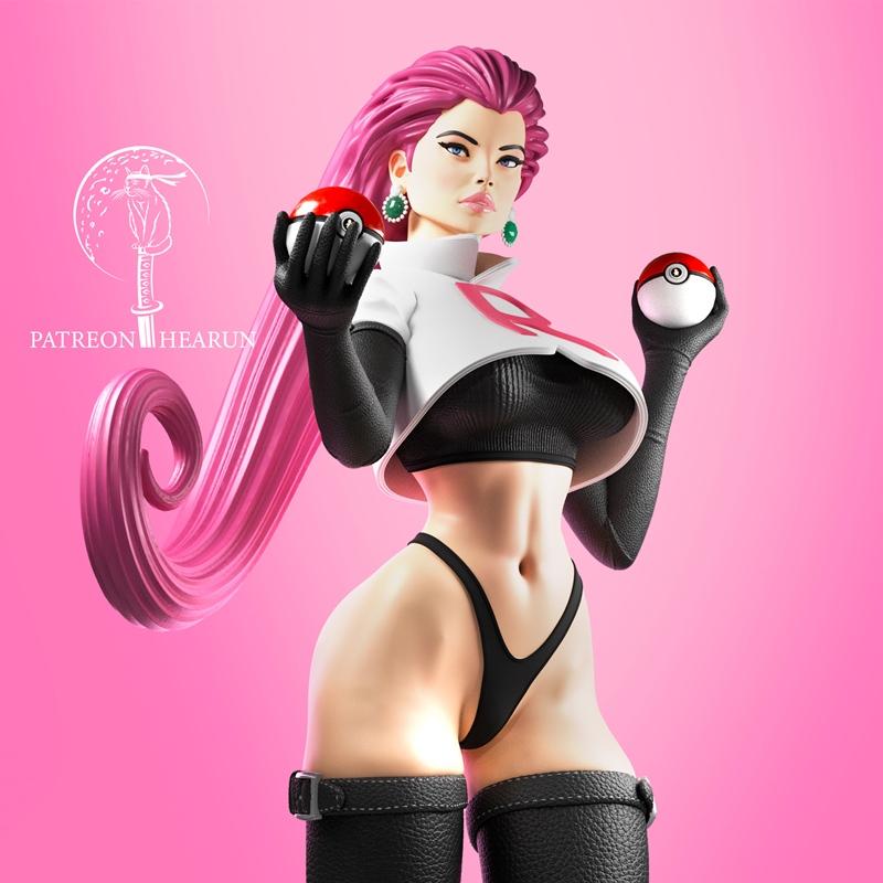 3D model of Jessie from Pokemon, wearing a revealing Team Rocket outfit and holding two Pokeballs. Pink hair, black g...