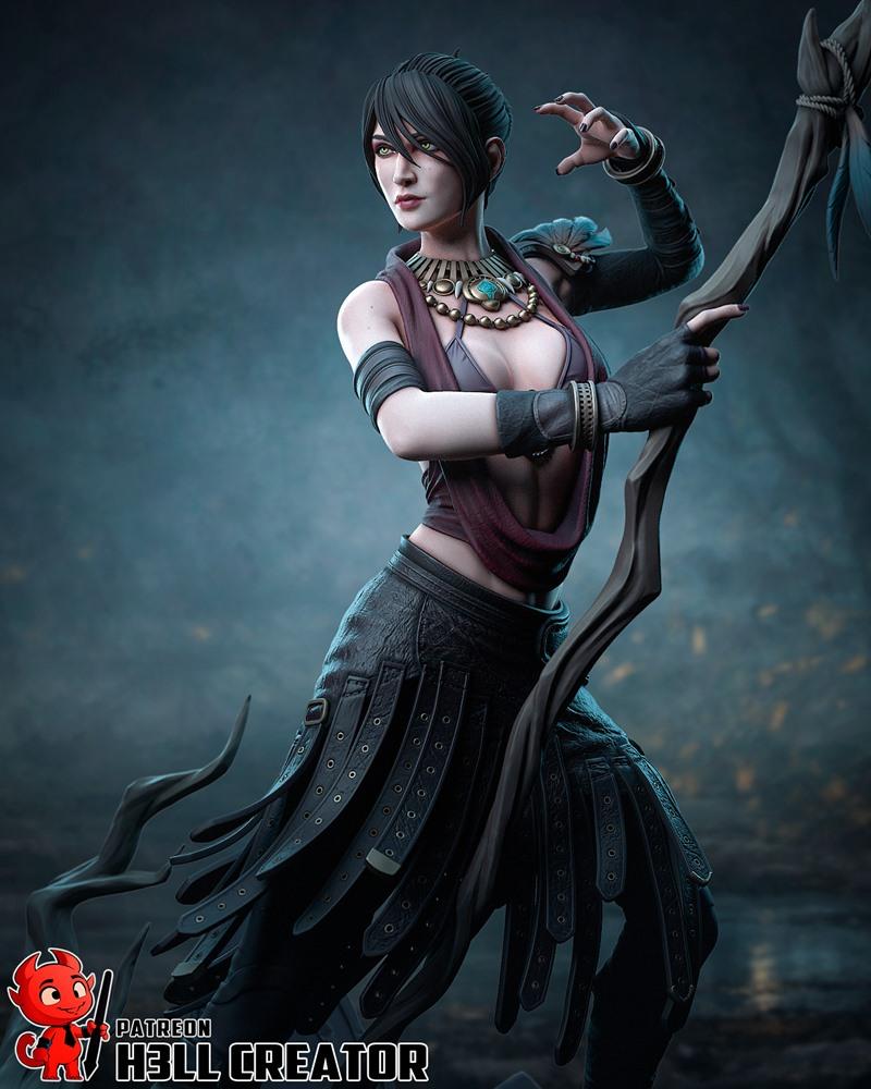 Morrigan from Dragon Age, a female figure with dark hair and green eyes, wearing a revealing outfit and holding a sta...