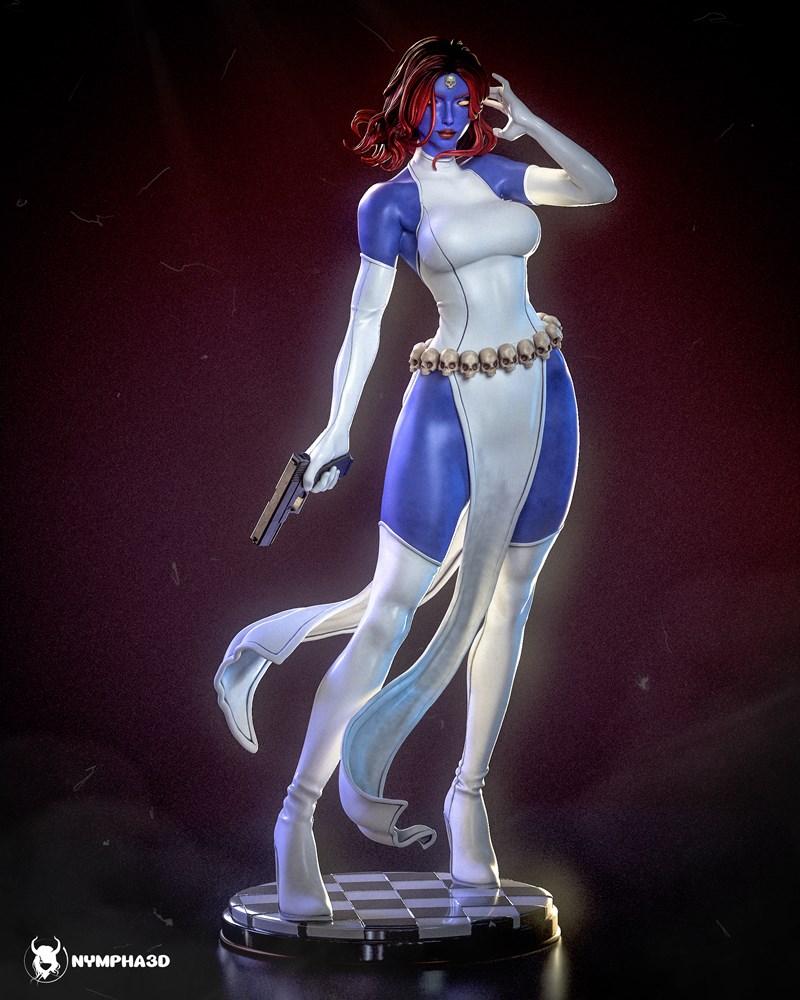 Mystique from Marvel Comics, blue-skinned mutant with red hair, wearing a white and blue outfit, holding a pistol, wi...