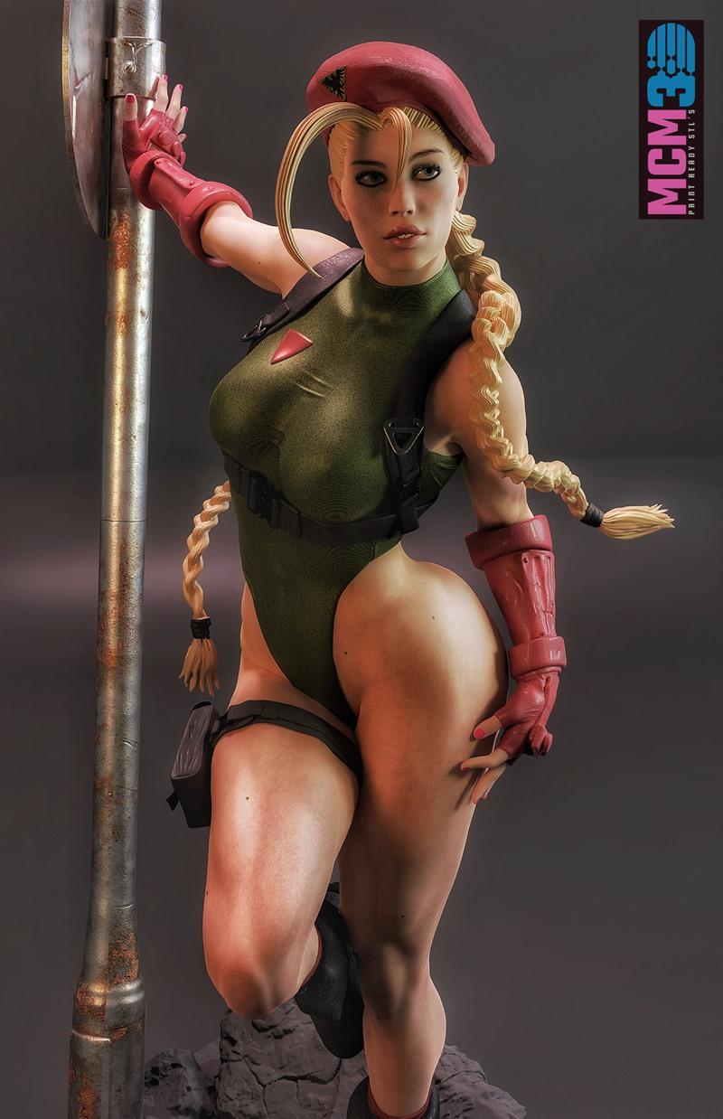 Cammy from Street Fighter, a 3D print model by MCM3D, in a green bodysuit, red beret, and gloves, leaning on a metal...