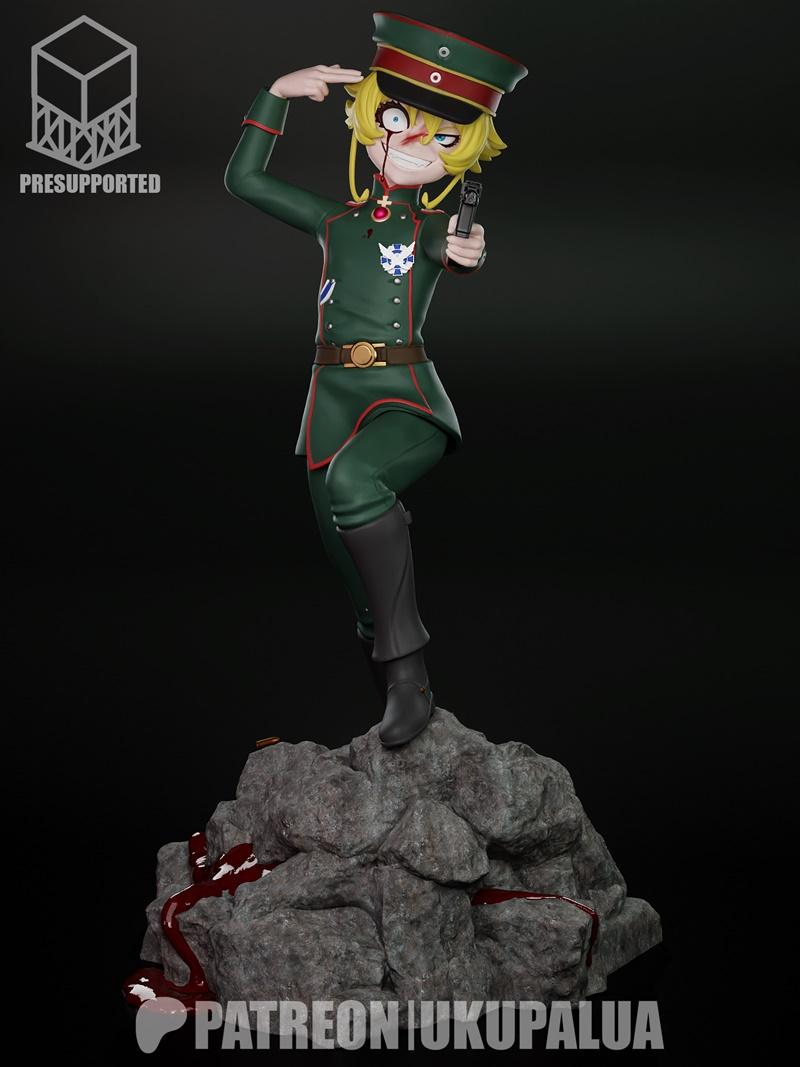 Tanya von Degurechaff anime figure in military uniform, holding a pistol and pointing to her head, standing on a bloo...