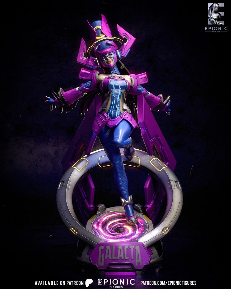 3D print model of Galacta in a purple and blue cosmic suit, standing on a base with swirling energy. Epionic Figures...