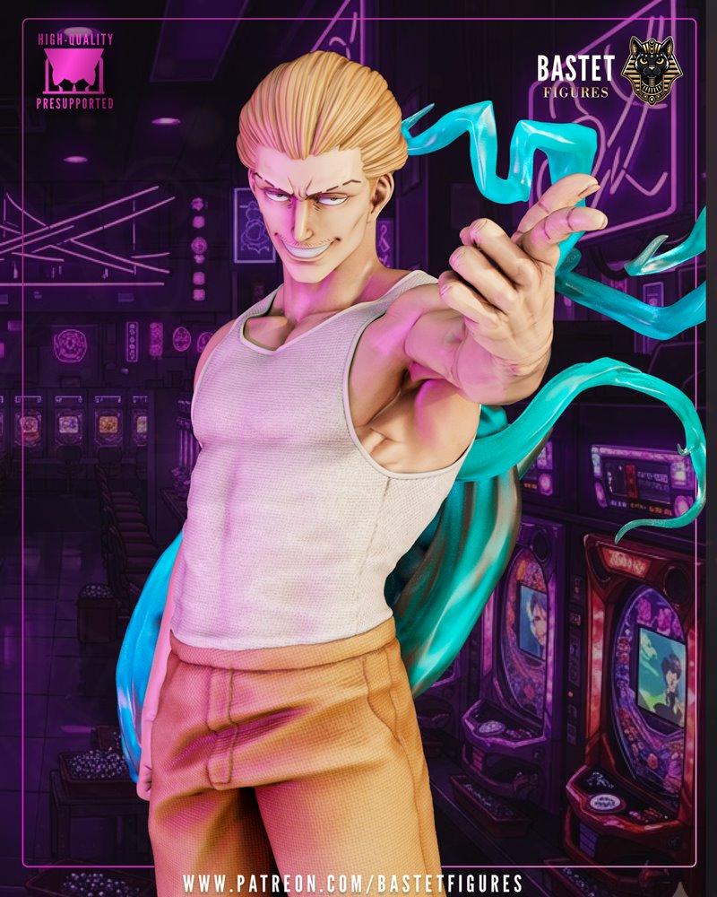 Kinji Hakari 3D model figure by Bastet Figures, wearing a white tank top and tan pants, with swirling teal energy eff...