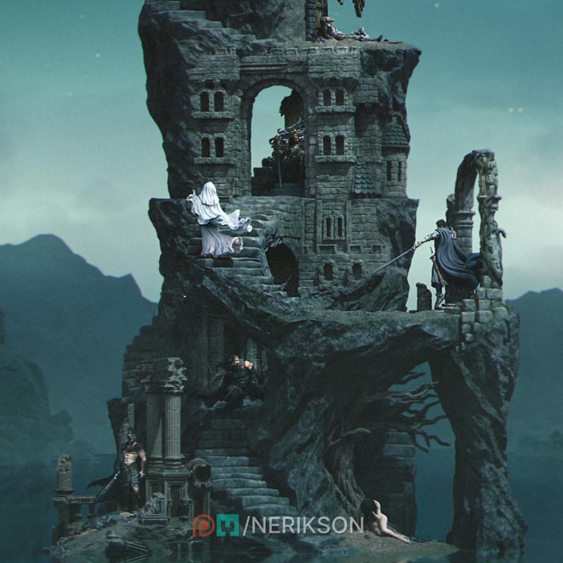 Fantasy diorama of a crumbling stone castle on a rocky island, featuring multiple miniature figures including a warri...