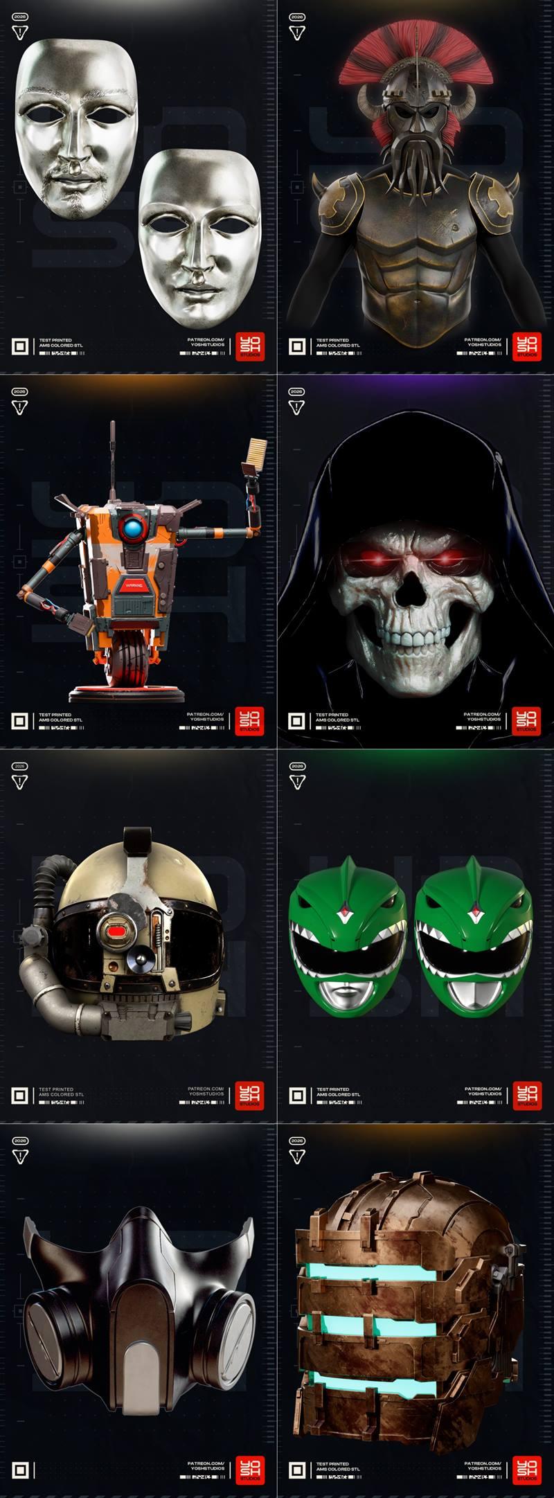 Two metallic 3D printable masks, one clean-shaven and one with a mustache and goatee, displayed against a dark backgr...