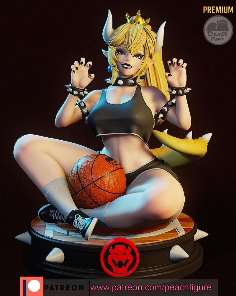 Bowsette 3D model figure with basketball, wearing a sports bra and shorts, seated on a court base with Bowser emblem.