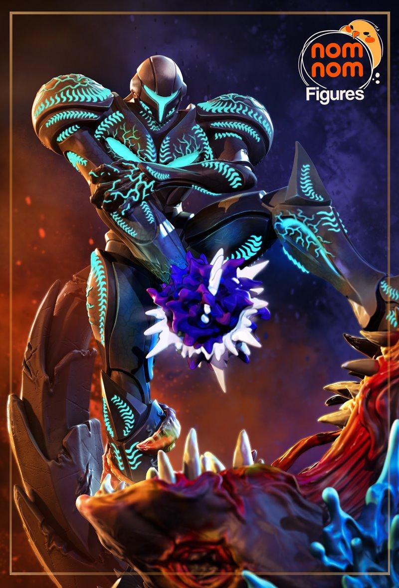 Dark Samus in power armor with glowing blue energy, holding a purple energy orb, posed dynamically in front of a mons...