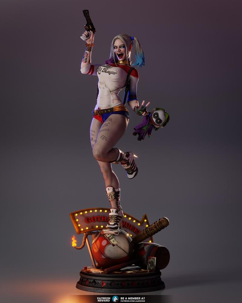 3D model of Harley Quinn in Suicide Squad costume, leaping with a gun and Joker doll, on a base with 'Gotham Tube' si...