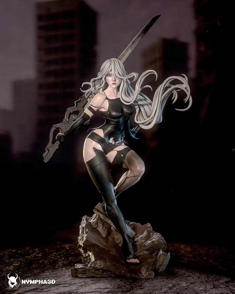 A2 from Nier Automata 3D model figure, standing on rocks, holding a sword, wearing a black combat outfit with long wh...