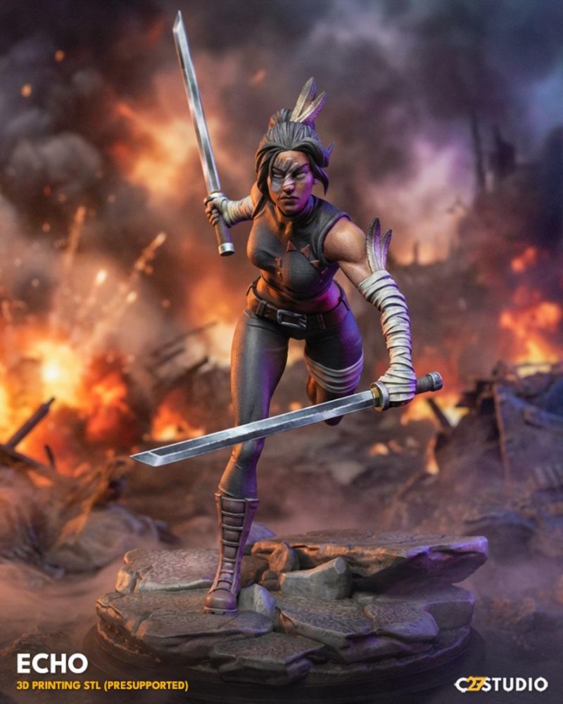 3D model of Marvel's Echo figure, wielding two swords in a combat stance on a rocky base with fiery explosions in the...