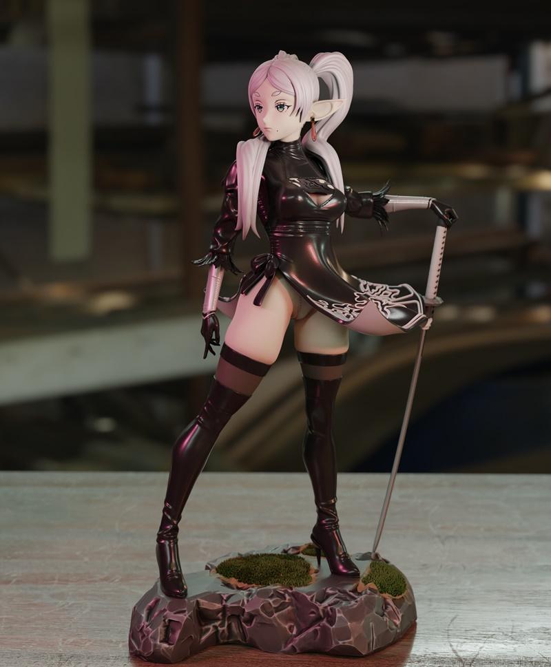 Frieren 2b 3D model figure with white hair, elf ears, black revealing outfit, thigh-highs, and sword, standing on a r...