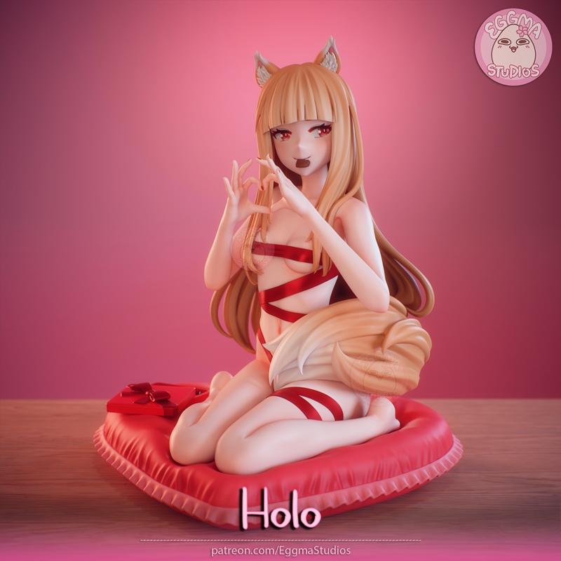 Eggma Studios Holo figure, a wolf girl with blonde hair, red eyes, and wolf ears/tail, kneeling on a heart cushion, w...