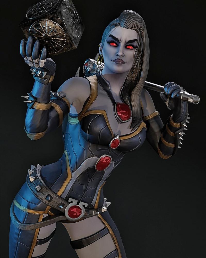 3D model of Grail, a female figure with pale skin, red eyes, dark spiked armor, and gold accents, holding a cube and...