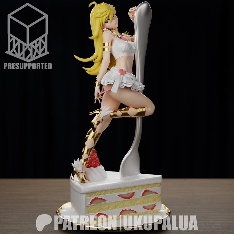 Panty Anarchy anime figure posed on a cake, wearing a white crop top, ruffled skirt, and gold accessories. Presupport...