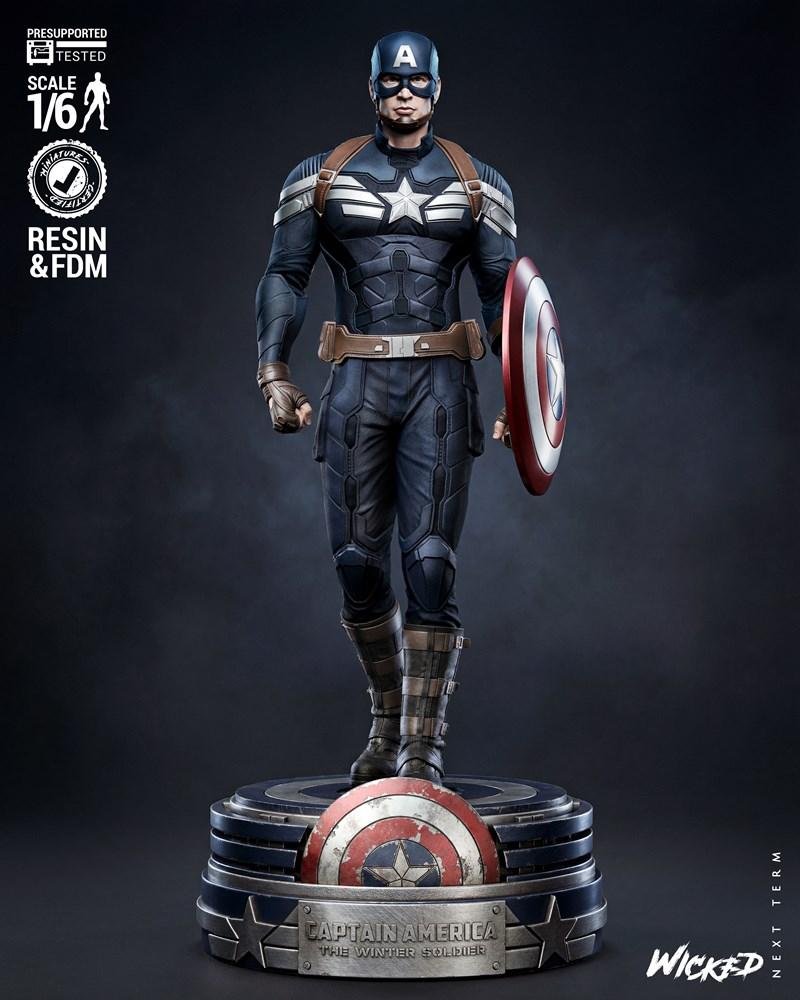 Captain America figure in "The Winter Soldier" costume, holding shield, on a detailed base. Studio: Wicked....