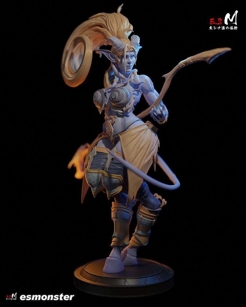 Female Draenei character 3D model, blue skin, horns, blonde ponytail, holding a bow, wearing ornate armor and loinclo...