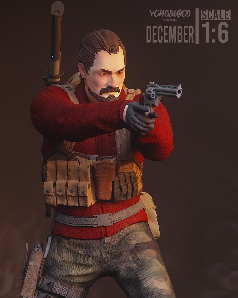 1:6 scale 3D model of Barry Burton from Resident Evil, holding a revolver in a combat stance, wearing tactical gear a...