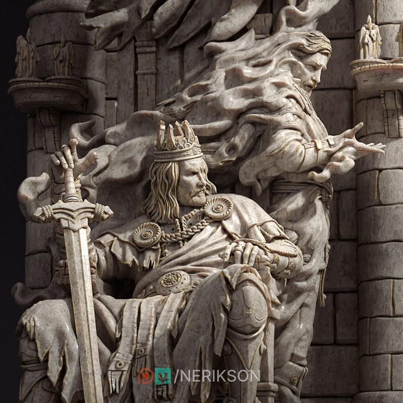 3D model of Macbeth seated on a throne, wearing a crown and holding a sword, with a spectral figure behind him. Stone...