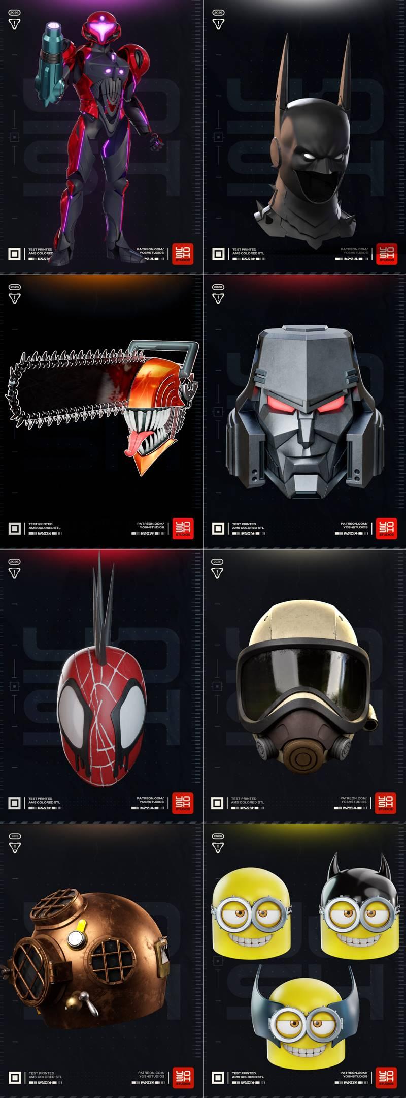 Collection of 3D printable models: Samus Aran suit, Batman cowl, Chainsaw Man head, Megatron helmet, Spider-Man mask,...