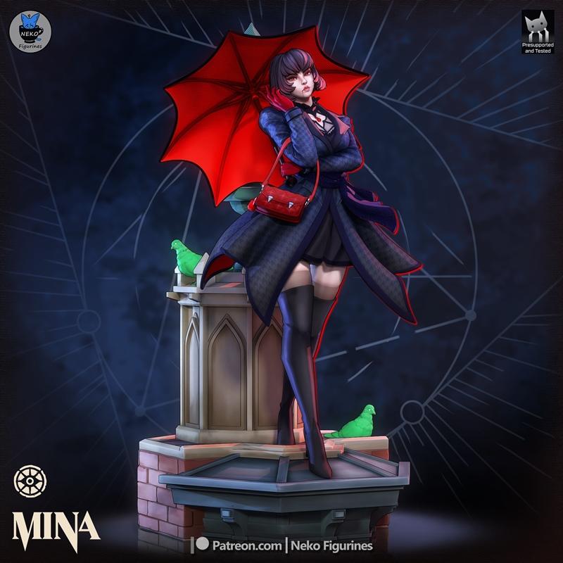 Mina (Deadlock) 3D model figure from Overwatch, standing on a rooftop with a red umbrella and handbag. She wears a da...