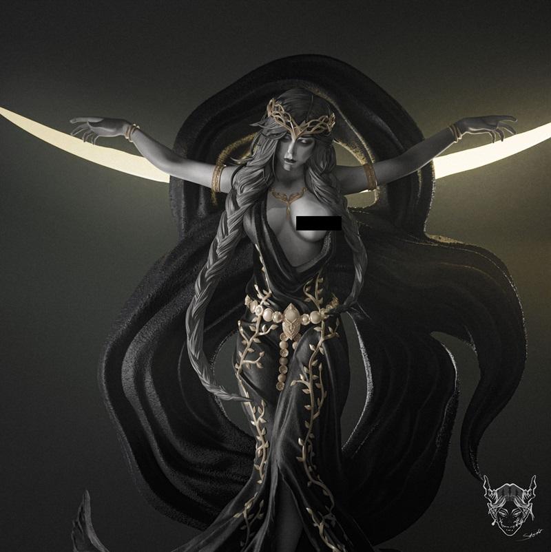 3D model of Queen Marika from Elden Ring, posed dramatically with arms outstretched, wearing a black gown with gold v...