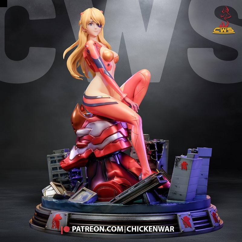 Asuka Langley from Evangelion in a red plugsuit, sitting on a destroyed Evangelion mech, with ruined buildings on the...