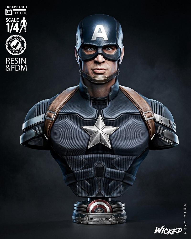Captain America bust 3D model by Wicked Studio, 1/4 scale, wearing Winter Soldier costume with star emblem and "...