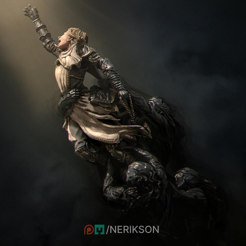 Warrior figure in ornate armor reaching upwards, with dark, smoky tendrils rising from below. Studio Nerikson.