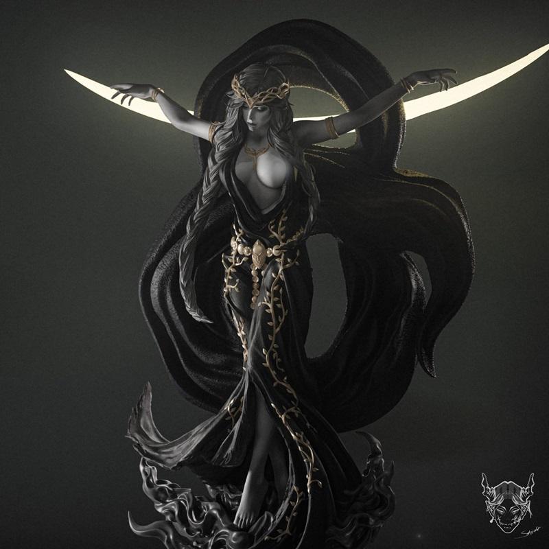 Dark fantasy figure of Marika with flowing hair, wearing a golden crown and a revealing black gown with gold vine acc...