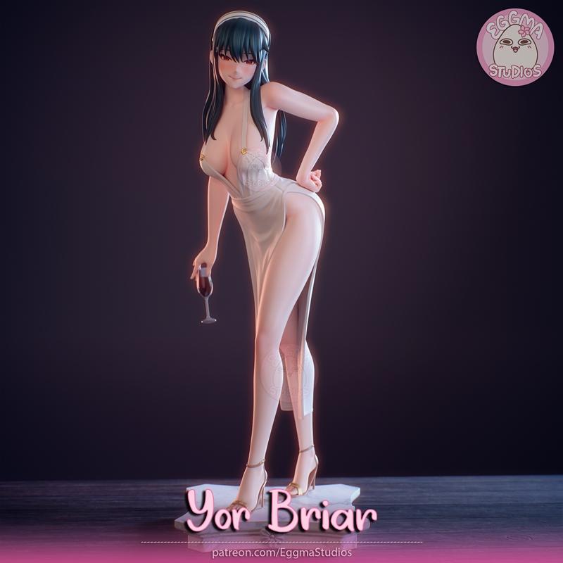 3D model of Yor Forger from Spy x Family in a white, high-slit dress, holding a wine glass, with the Eggma Studios lo...