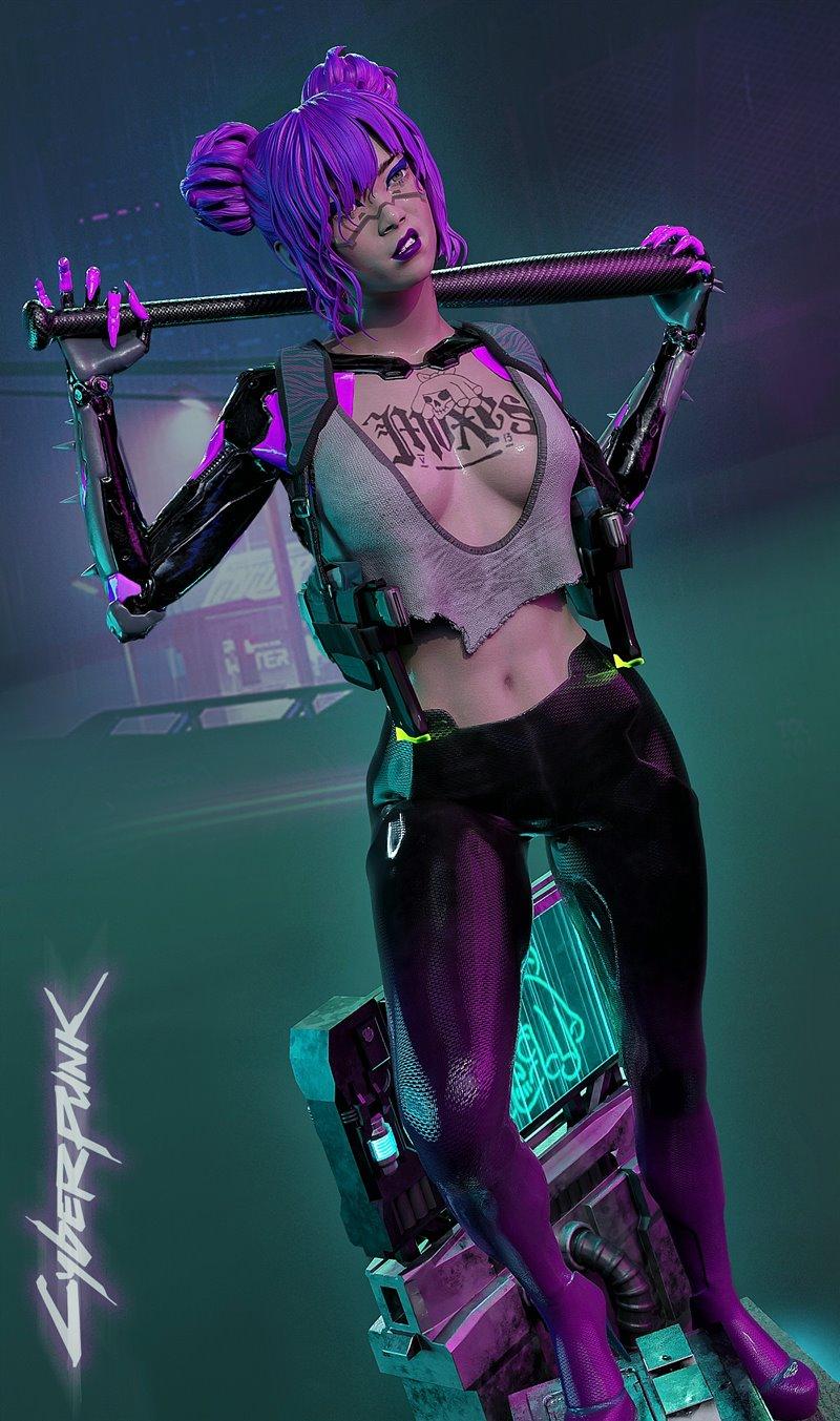3D model of Rita Wheeler from Cyberpunk, holding a baseball bat, with purple hair, cybernetic arm, and revealing outfit.