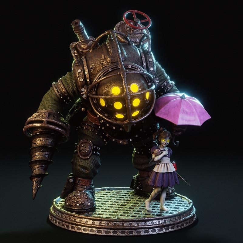 3D model of Big Daddy with drill arm and Little Sister with umbrella, on a grimy grate base. From BioShock.