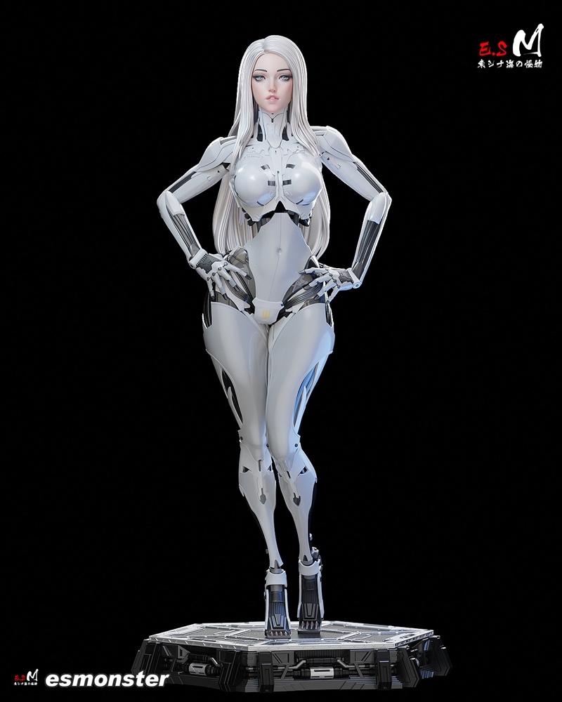 Enya, a female cyborg figure with long white hair, wearing a white and grey mechanical suit, stands with hands on hip...