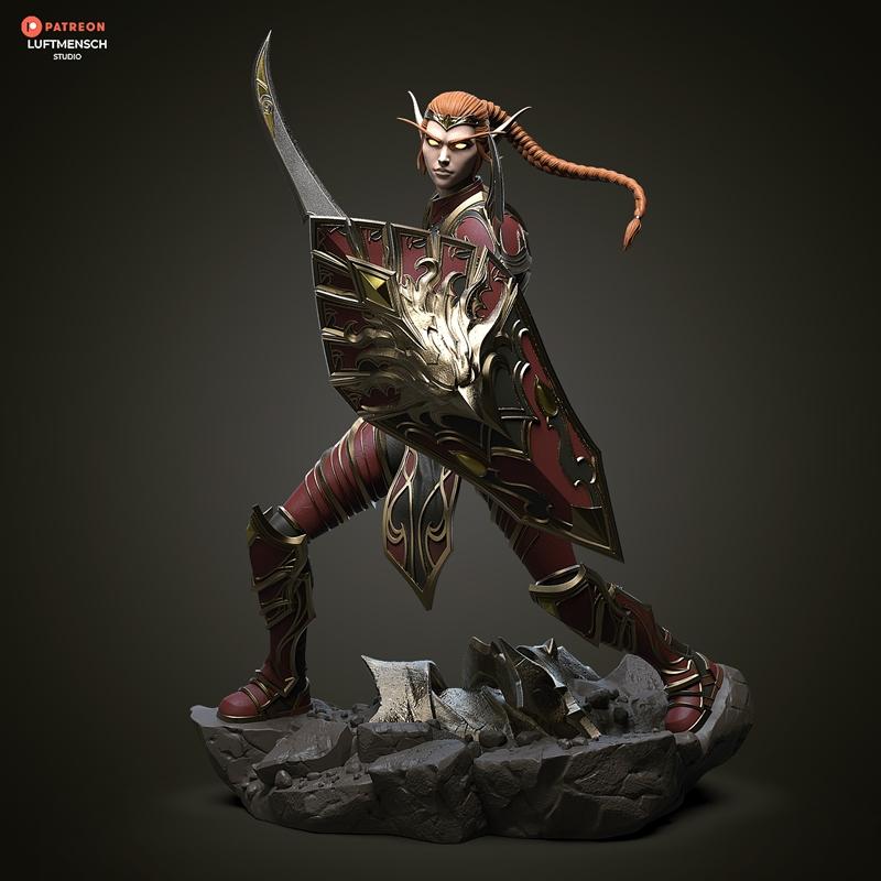 Luftmensch Studio 3D model of Lady Liadrin, an elf in red and gold armor, holding a sword and shield, standing on a r...