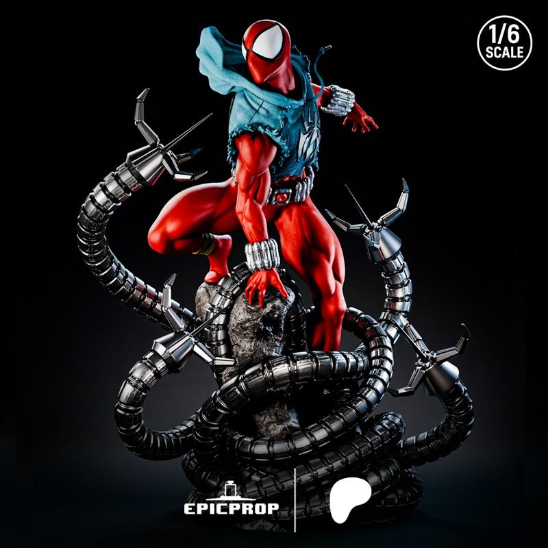 1:6 scale 3D print model of Scarlet Spider in red suit with blue hoodie, crouched on rocks amidst mechanical tentacles.
