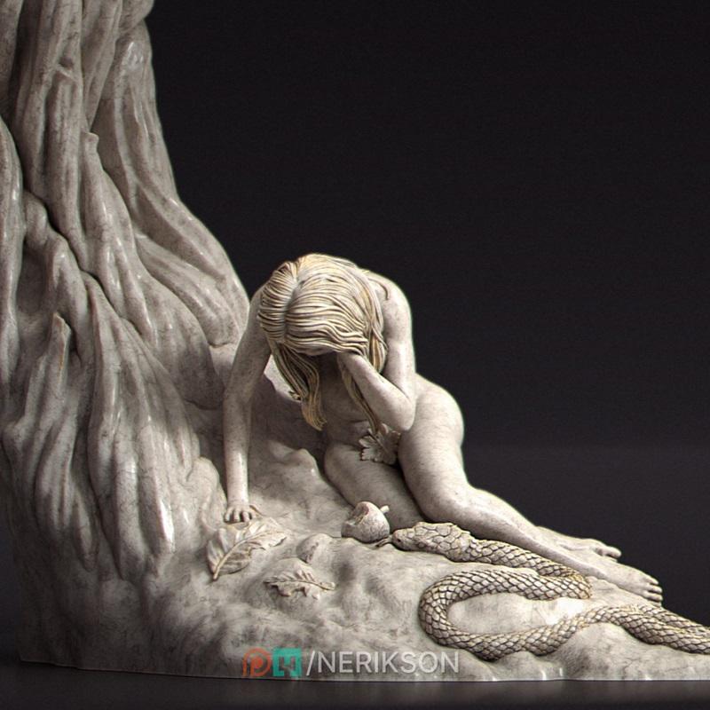 3D model of Eve sitting in despair next to a tree, head in hands, with a snake coiled nearby. Fallen leaves and an ap...