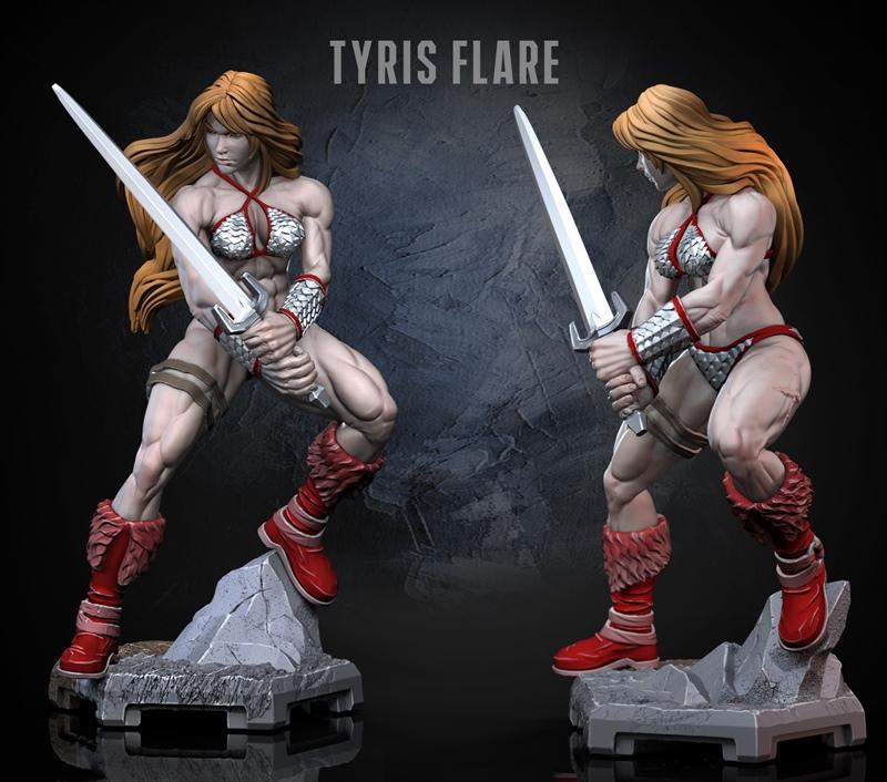 Dragun Studios Tyris Flare 3D model, muscular female barbarian with blonde hair, wearing scale mail bikini and red fu...