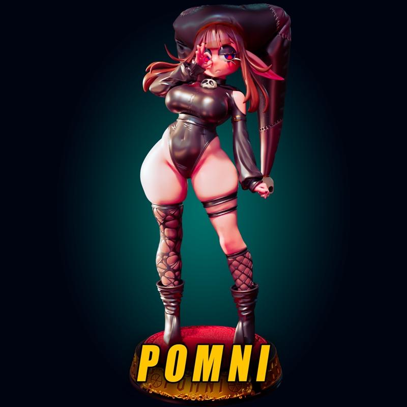 Goth-styled Pomni figure in a black bodysuit and fishnet stockings, striking a pose with one hand near her eye. She w...