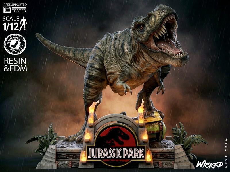Wicked 1/12 scale Tyrannosaurus Rex sculpture from Jurassic Park, roaring on a diorama base with the park entrance ga...
