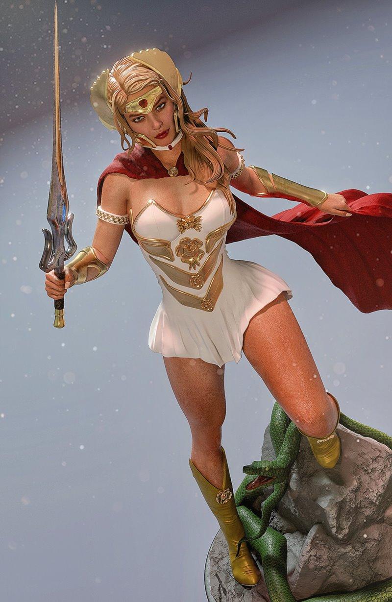 She-Ra figure with white and gold costume, red cape, holding a sword, standing on a rock with a green snake, by MCM3D.