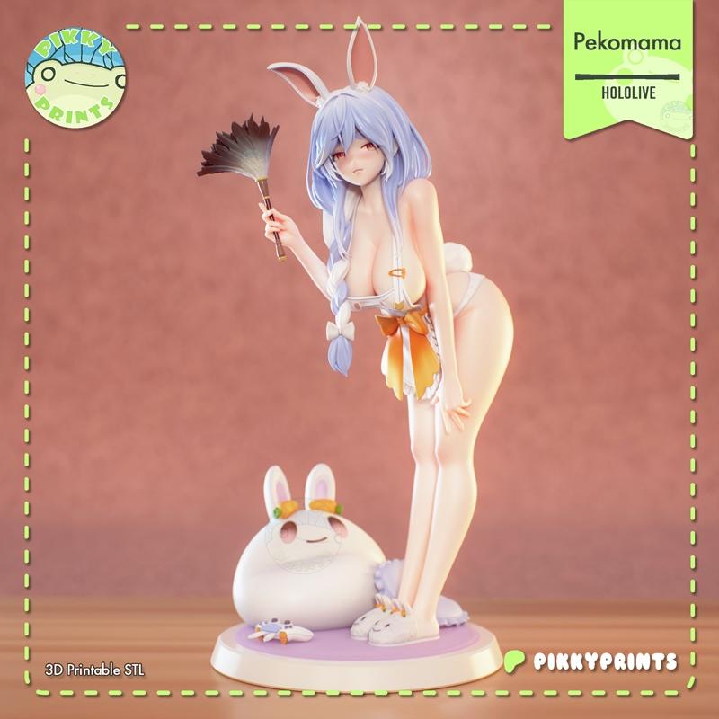 Pekomama 3D model by Pikky Prints, a scantily clad anime character with bunny ears, holding a feather duster, with a...