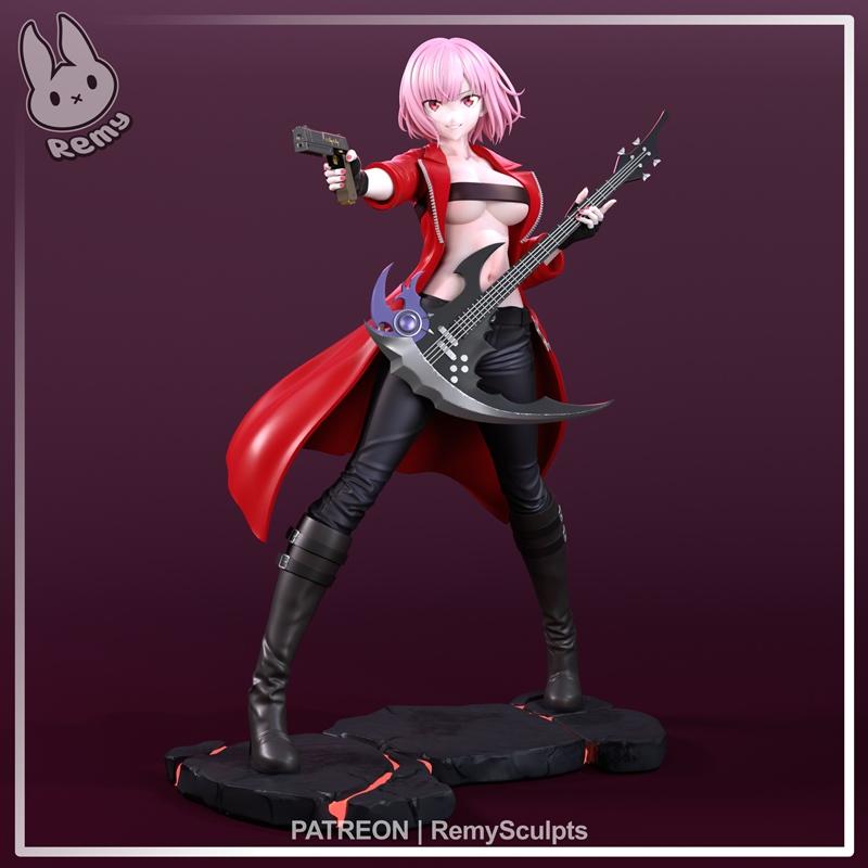 Anime character Mori Calliope in power armor, holding a gun and a bass guitar, in a combat stance.