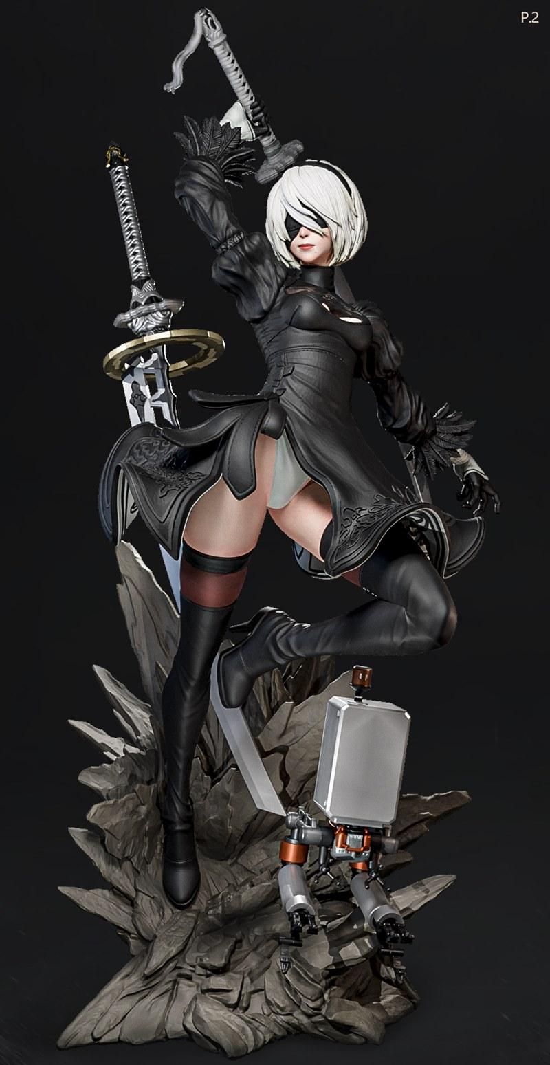 Nier Automata 2B figure with swords and Pod 042 companion, in a dynamic action pose on a rocky base.