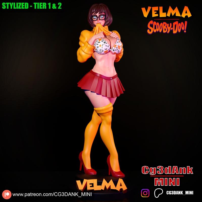 Stylized 3D model of Velma from Scooby-Doo, wearing a bikini top, short skirt, and thigh-highs, pulling up her sweater.