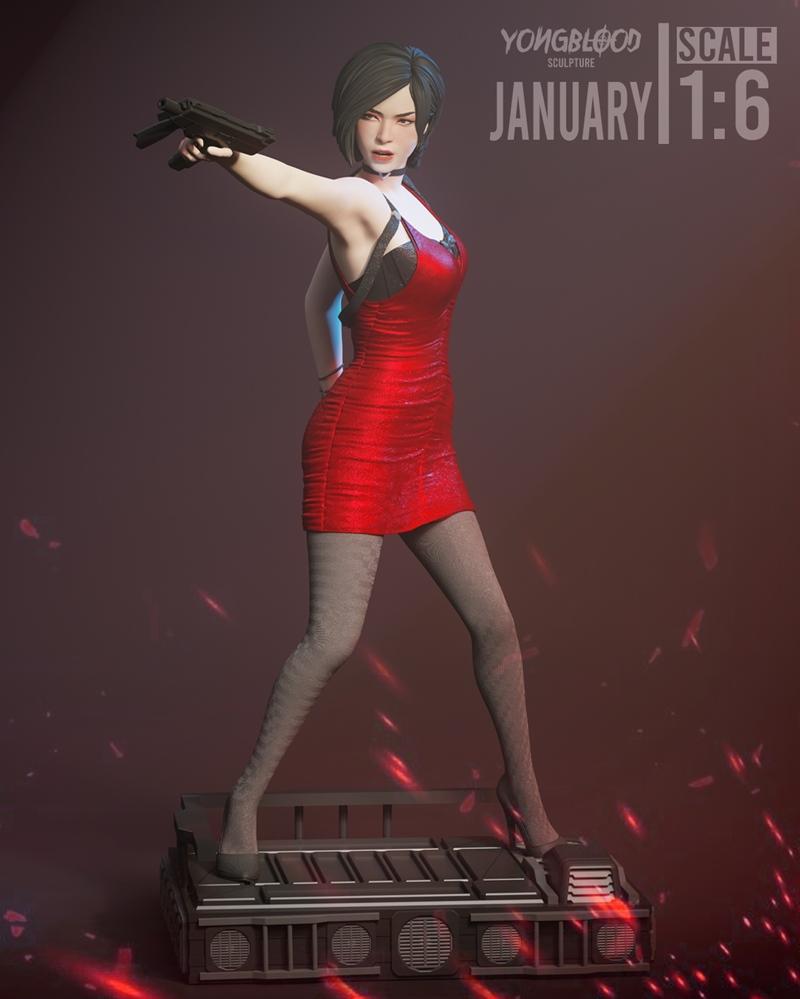 Ada Wong from Resident Evil in a red dress and stockings, holding a pistol in an action pose on a detailed base. 1:6...