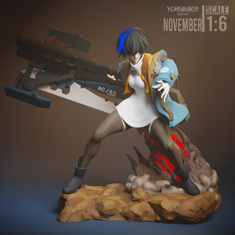 Unika character figure in dynamic pose with large sci-fi weapon, wearing white dress, dark stockings, and blue/yellow...