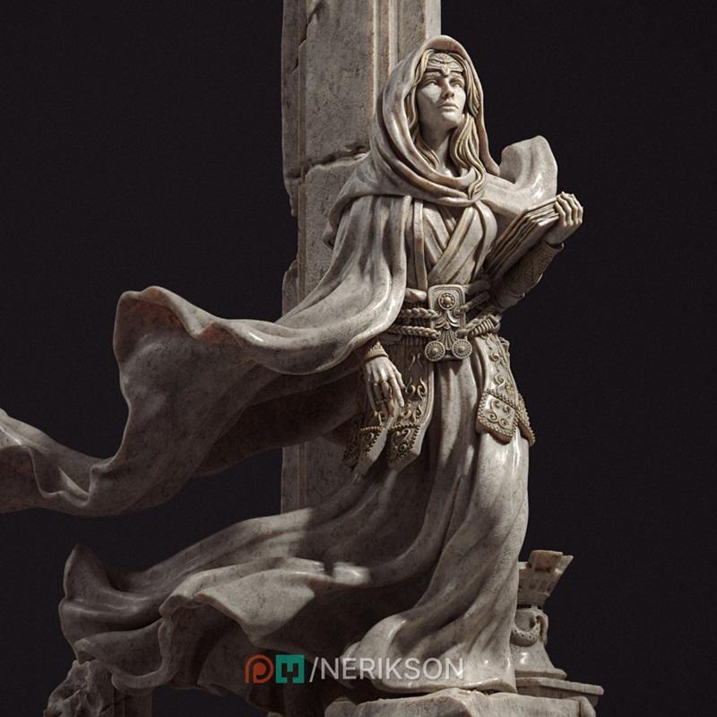3D model of a female traveler in flowing hooded robes, holding a book, with an ornate belt, posed against a stone pil...