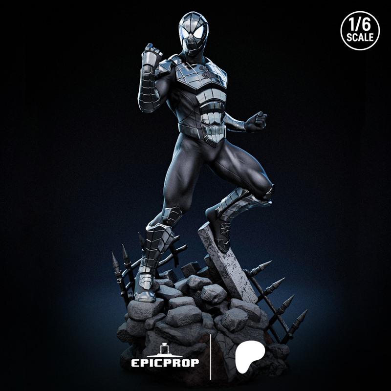 1/6 scale 3D printable model of Armored Spiderman in a dynamic pose on a rubble base, by Epic Prop.