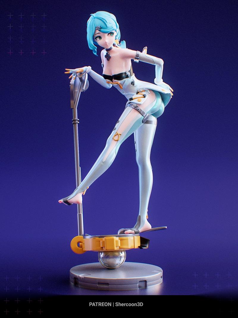 Seed ZZZ anime figure by Shercoon3D, blue hair, green eyes, wearing a revealing light blue and white sci-fi outfit, p...