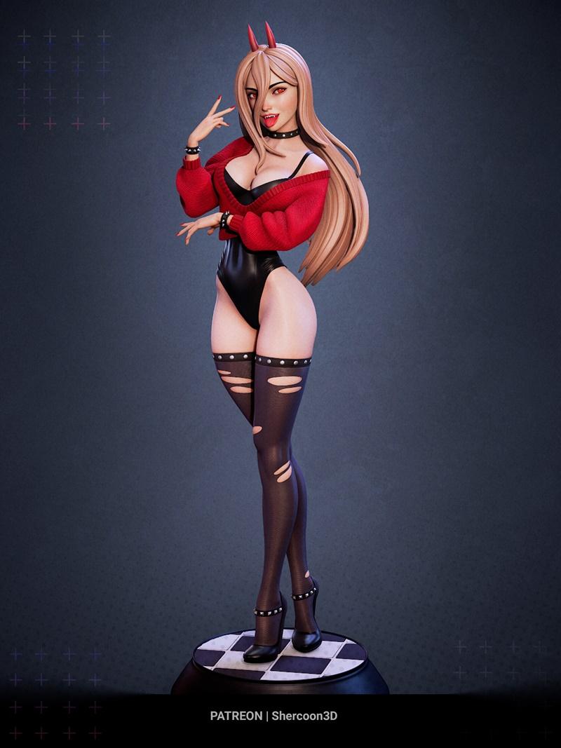 3D model of Power from Chainsaw Man, featuring red horns, a black leotard, red sweater, ripped stockings, and spiked...